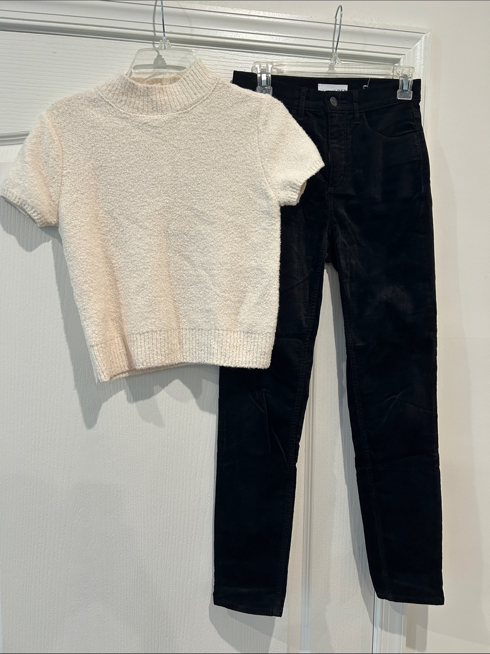 NEW LOFT Black Velvet  Corduroy Pants - Sleek Pull-On Style & NWTWhite Sweater